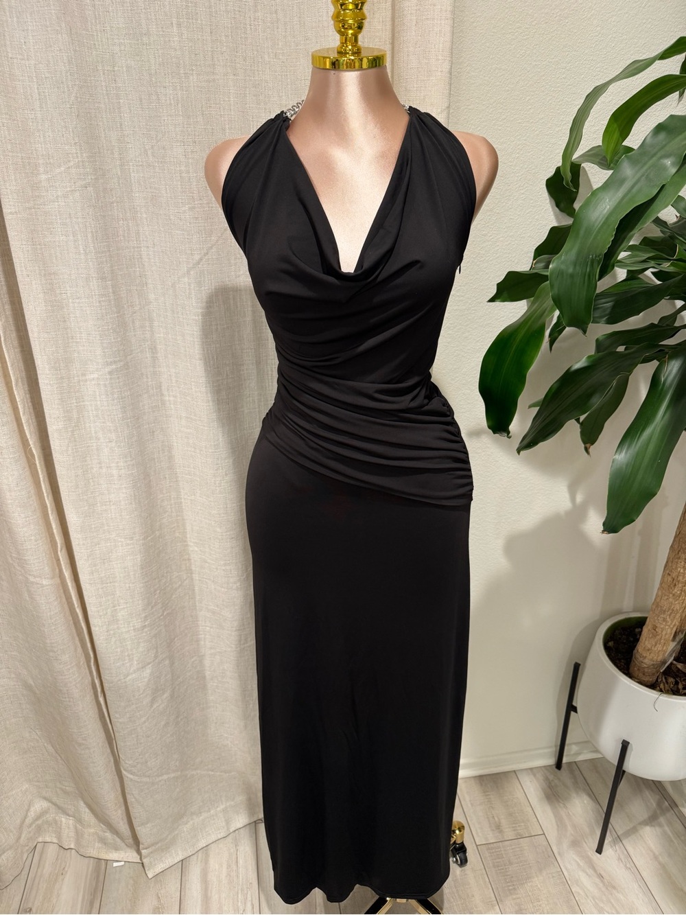 Elegant Black Ruched Cowl Neck Maxi Dress